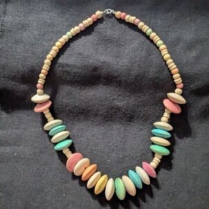 Pastel Beige Blue Pink Chunky Wooden Beaded Statement Necklace